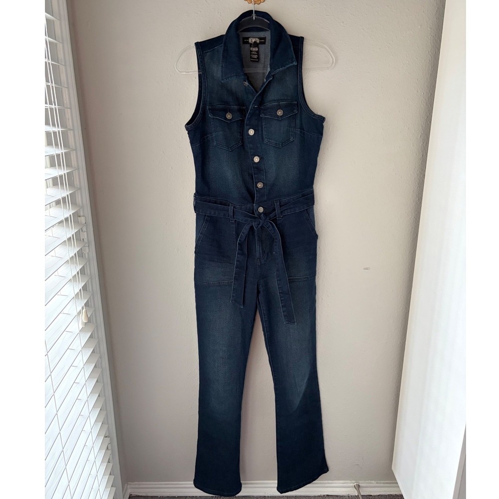 Rewash Womens Denim Sleeveless Jumpsuit Dark Wash Button Front Tie Waist Size M